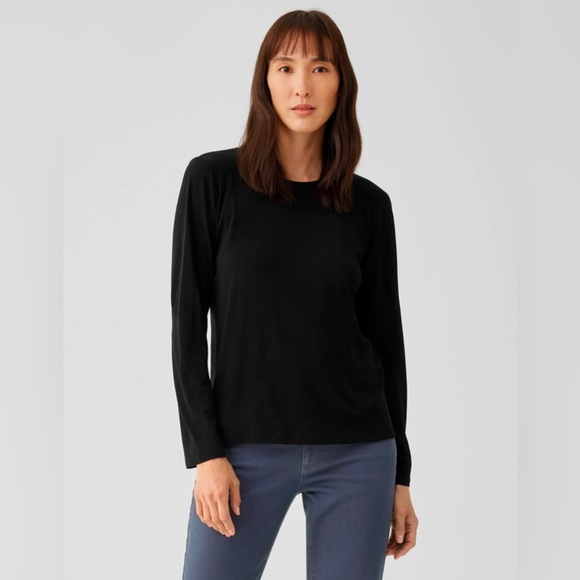 Eileen Fisher large black Stretch Silk Jersey Crew Neck top - Picture 1 of 5